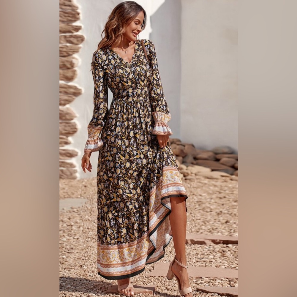 SHEIN Unity All Over Floral Print Flounce Sleeve A-Line Dress